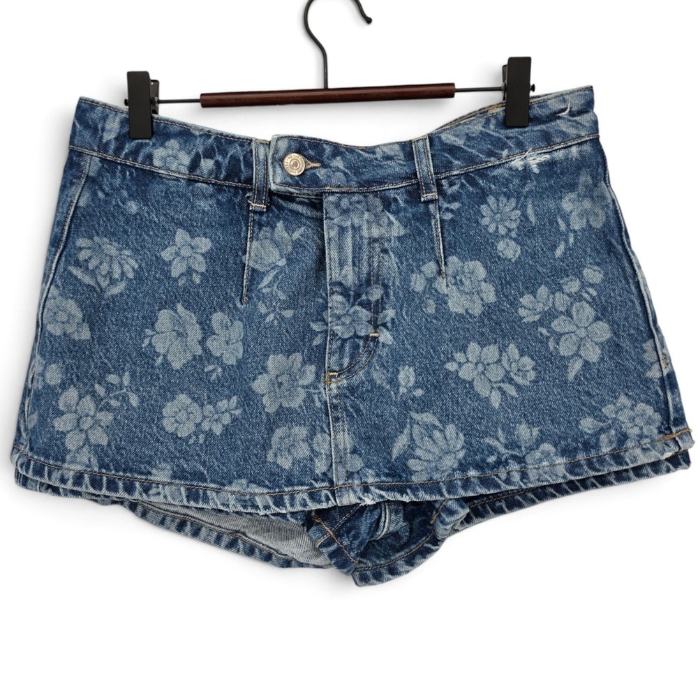 Free People Floral Denim Mini Skort 28 Y2K Indie Festival Jean Shorts Skirt NWT